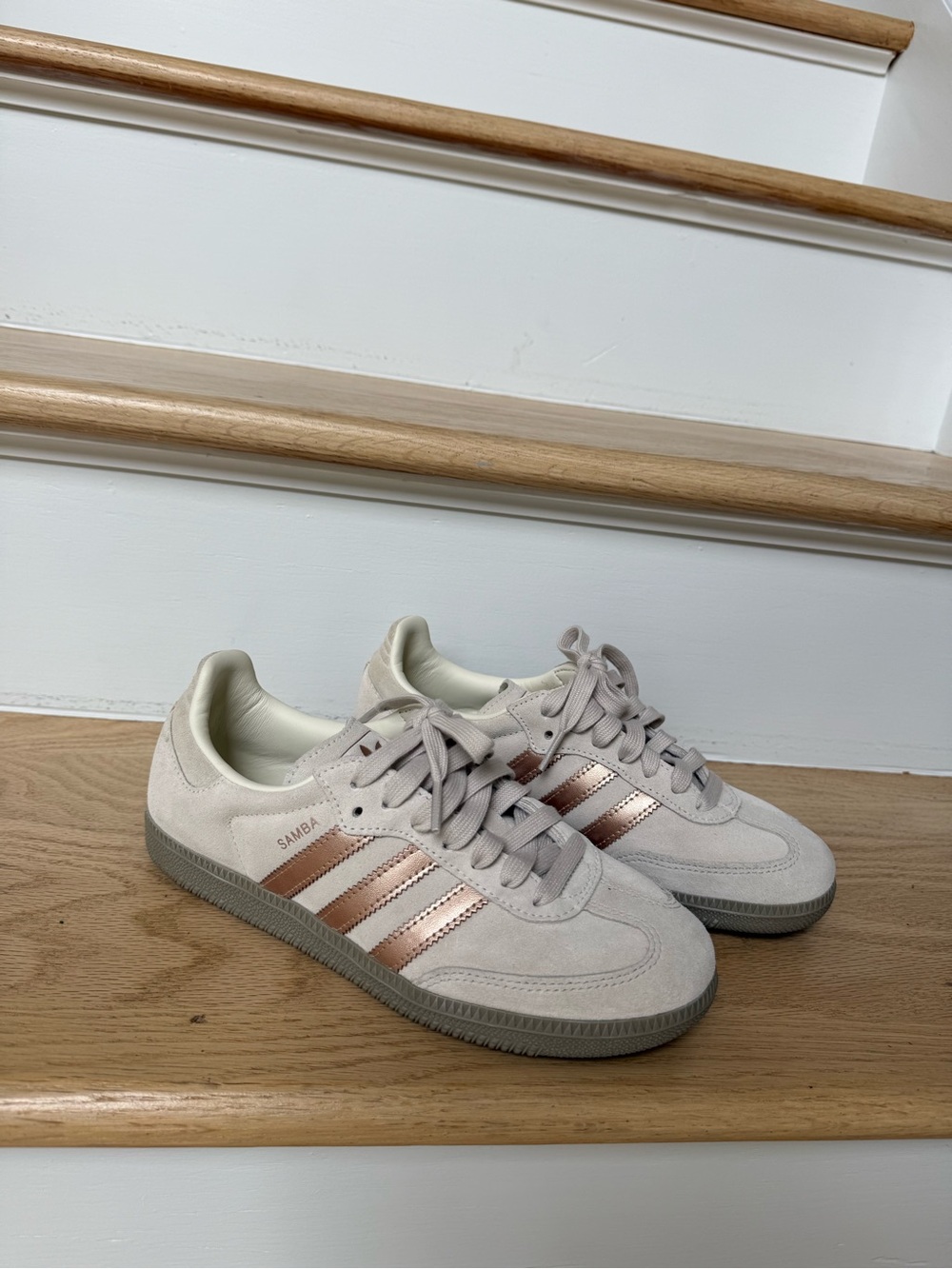 adidas Samba Sneakers in Light Beige with Rose Gold Stripes